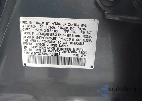 2007 Acura Mdx Technology Package z USA, uszkodzony, nr VIN 2HNYD28497H533958